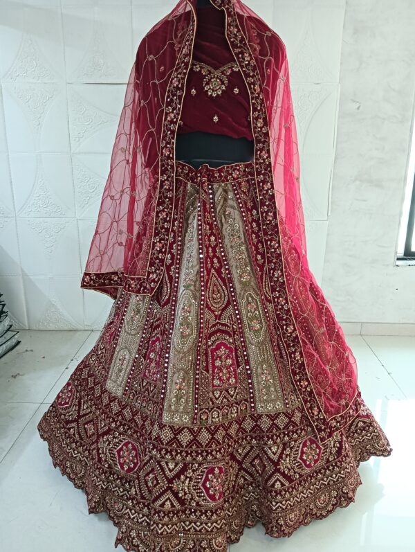 Maroon Heavy Velvet Fabric With Double Dupatta Embroidery Work Bridal Lehenga