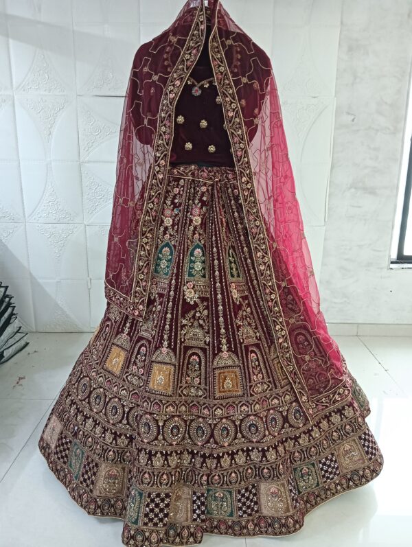 Dark Maroon Heavy Velvet Fabric With Double Dupatta Embroidery Work Bridal Lehenga
