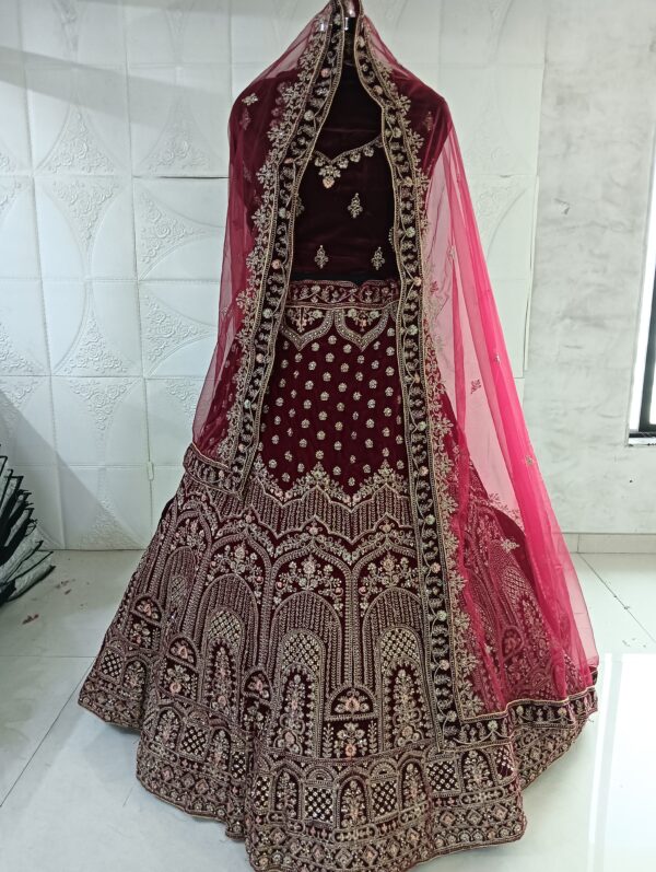 Dark Maroon Heavy Velvet Fabric With Double Dupatta Embroidery Work Bridal Lehenga