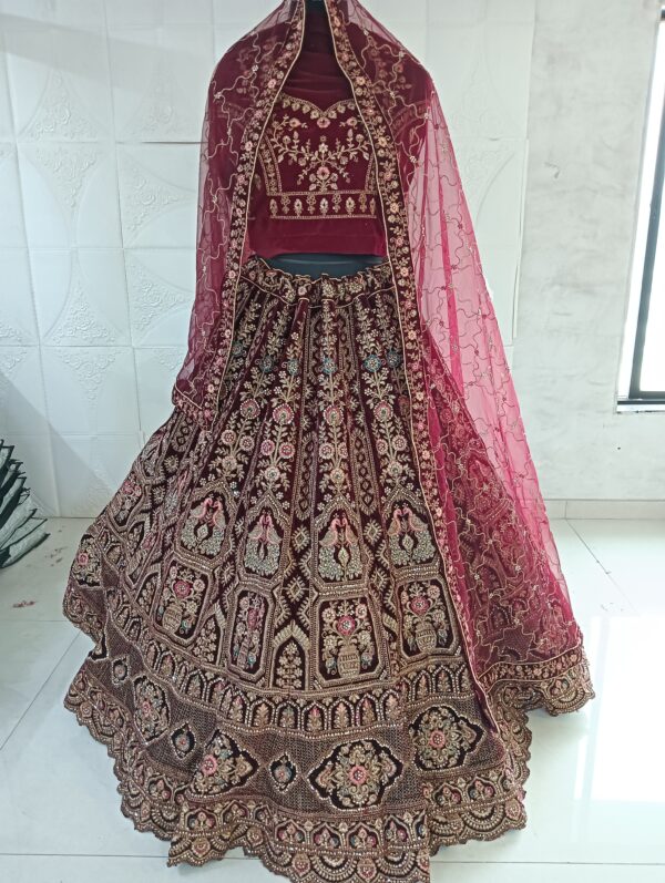 Dark Maroon Heavy Velvet Fabric With Double Dupatta Embroidery Work Bridal Lehenga
