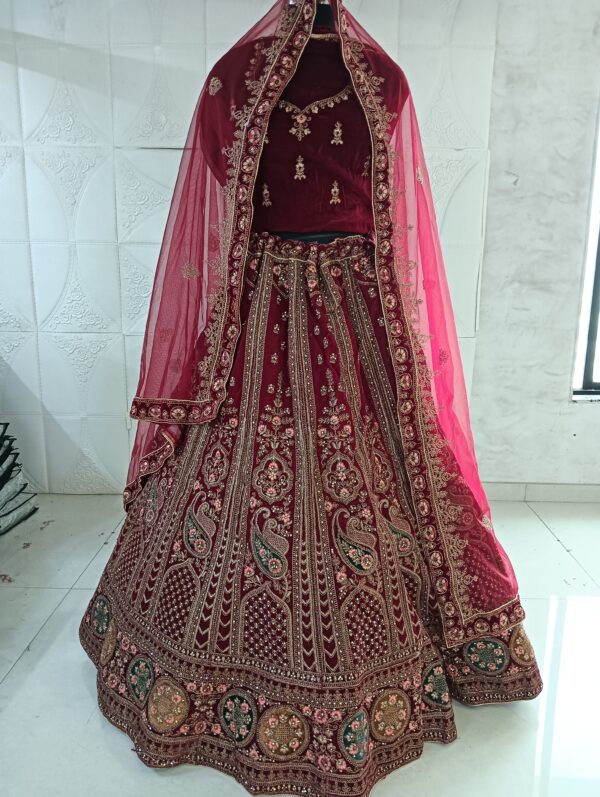 Maroon Heavy Velvet Fabric With Double Dupatta Embroidery Work Bridal Lehenga