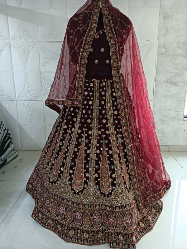 Dark Maroon Heavy Velvet Fabric With Double Dupatta Embroidery Work Bridal Lehenga