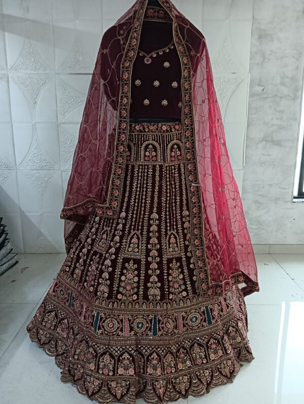 Dark Maroon Heavy Velvet Fabric With Double Dupatta Embroidery Work Bridal Lehenga