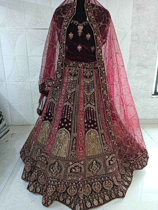 Dark Maroon Heavy Velvet Fabric With Double Dupatta Embroidery Work Bridal Lehenga