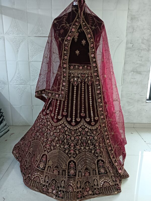 Dark Maroon Heavy Velvet Fabric With Double Dupatta Embroidery Work Bridal Lehenga