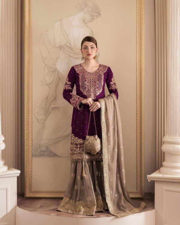 Dark Purple Color Faux Georgette Fabric Sharara Set