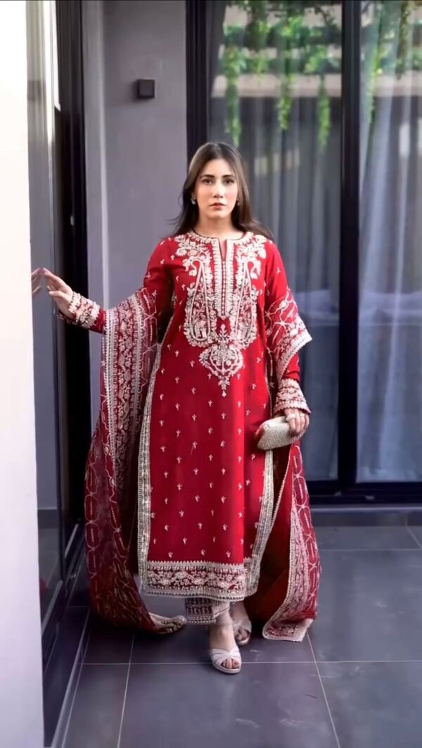 Red Color Roman Silk Fabric Palazzo Suit