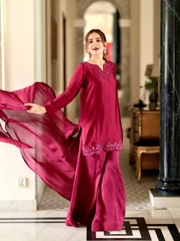 Red Color Natural Crepe Silk Fabric Farshi Palazzo Suit
