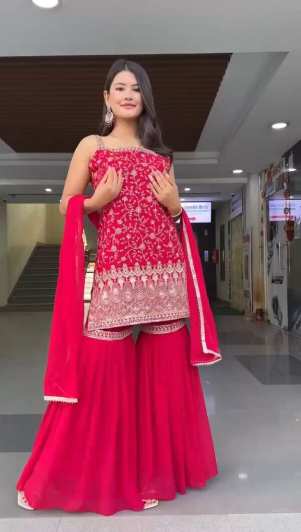 Dark Pink Color Faux Georgette Fabric Sharara Set