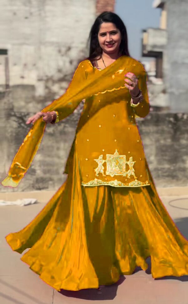 Mustard Yellow Color Natural Crepe Silk Fabric Top Lehenga Set