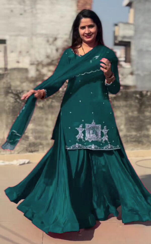 Teal Blue Color Natural Crepe Silk Fabric Top Lehenga Set