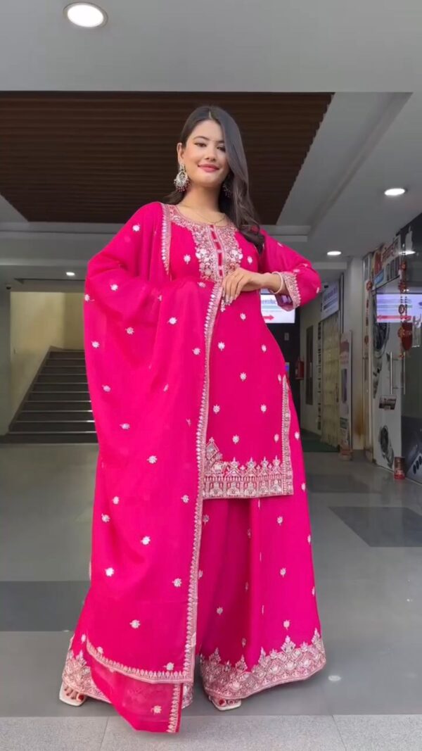 Dark Pink Color Faux Georgette Fabric Palazzo Set