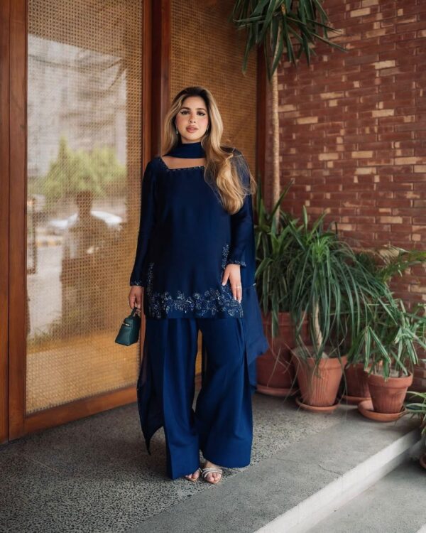 Blue Color Natural Crepe Fabric Farshi Style Suit