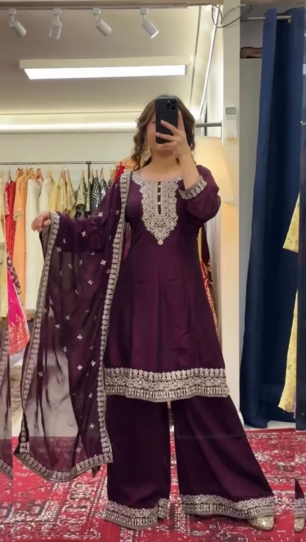 Dark Purple Color Chinon Silk Fabric Palazzo Set