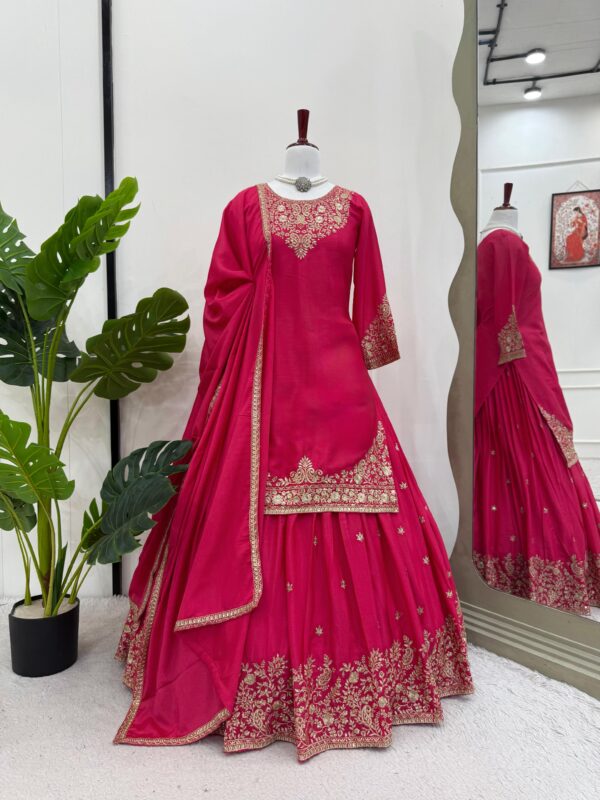 Dark Pink Color Chinon Silk Fabric Top Lehenga Set