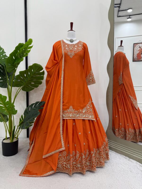 Orange Color Chinon Silk Fabric Top Lehenga Set