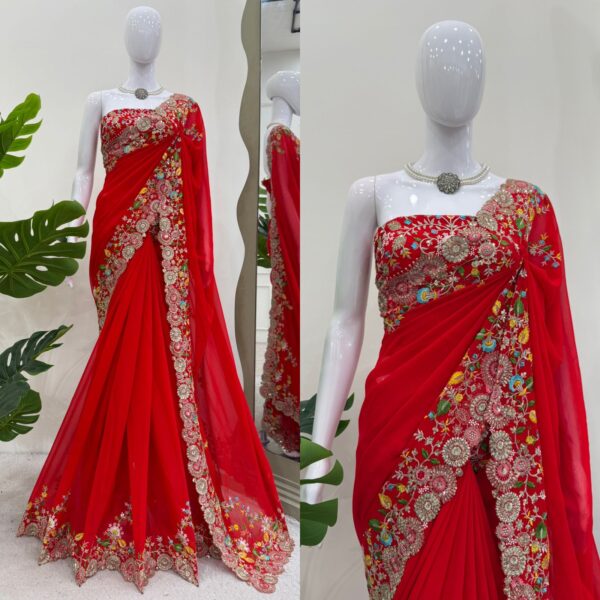 Red Color Faux Georgette Fabric Saree