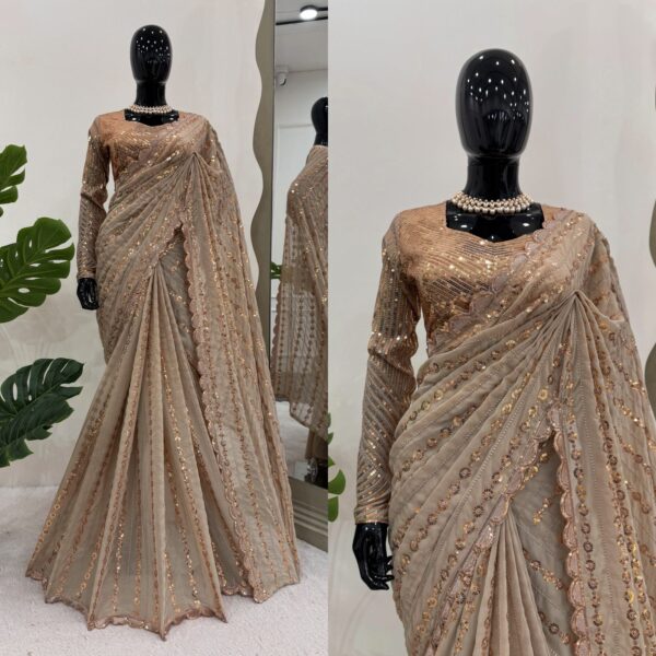 Brown Color Faux Georgette Fabric Saree