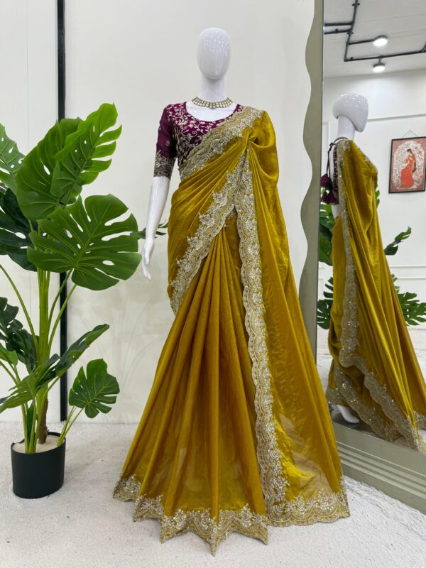 Golden Color Fandy Silk Fabric Saree
