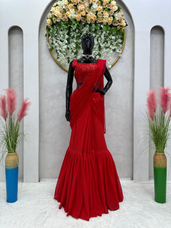 Red Color Faux Georgette Fabric Ready To Wear Lehenga Saree