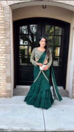 Dark Green Color Faux Georgette Fabric Ready To Wear Lehenga Saree