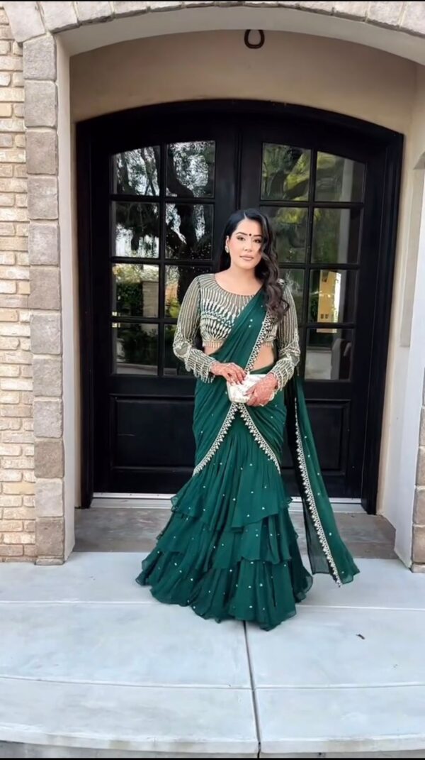Dark Green Color Faux Georgette Fabric Ready To Wear Lehenga Saree