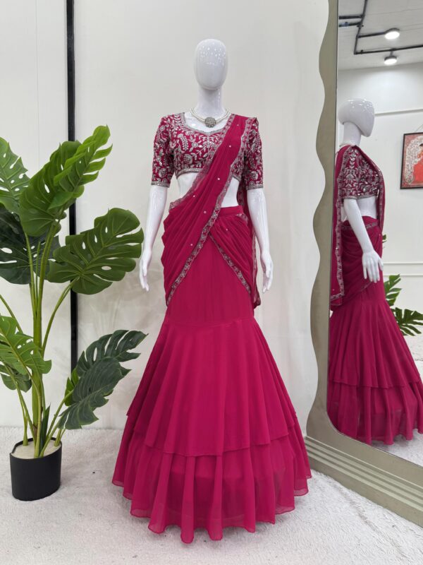Rani Pink Color Faux Georgette Fabric Ready To Wear Lehenga Saree