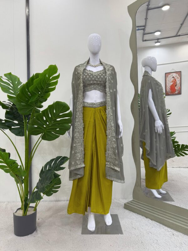 Mehandi Color American Crepe Fabric Ready To Wear Dhoti Style Lehenga