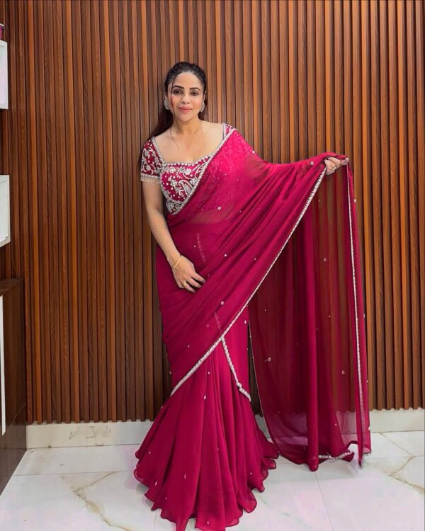 Dark Pink Color Faux Georgette Ready To Wear Ruffle Style Lehenga Saree