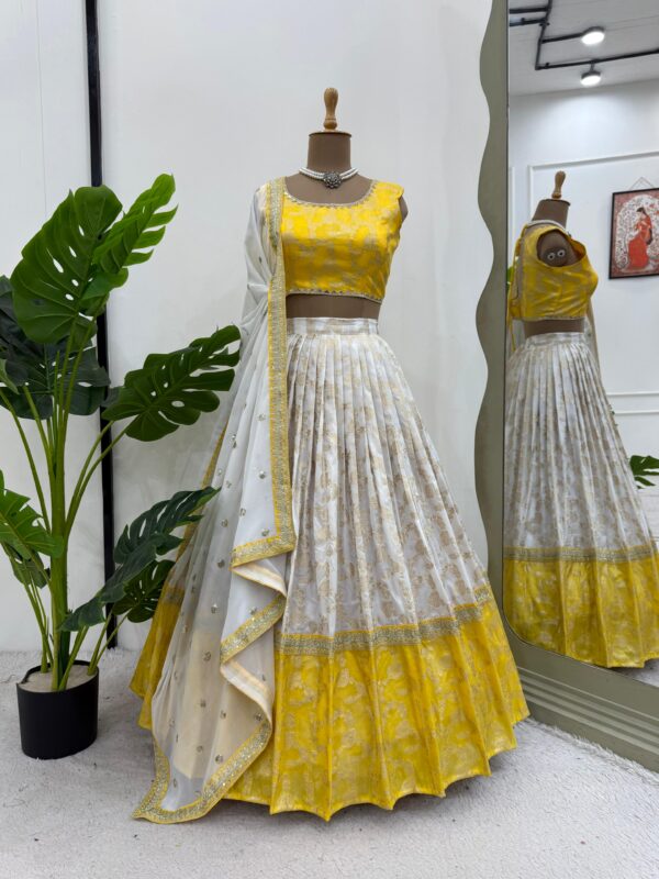 Yellow Color Jacquard Fabric Lehenga