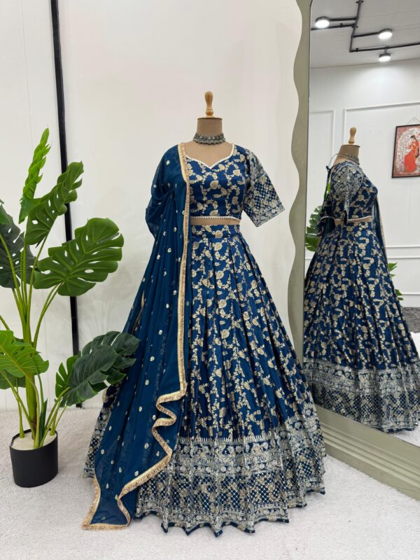 Blue Color Jacquard Fabric Thread Sequence Work Lehenga