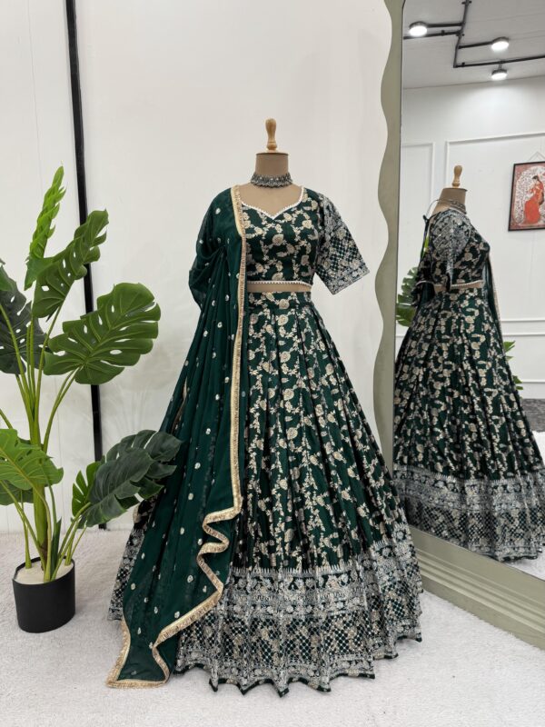 Green Color Jacquard Fabric Thread Sequence Work Lehenga