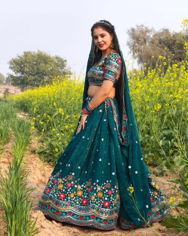 Dark Teal Blue Color Faux Georgette Fabric Lehenga