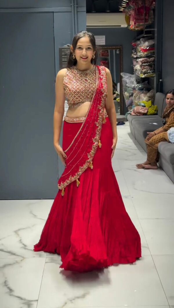 Red Color Faux Georgette Fabric Ready To Wear Ruffle Style Lehenga Saree