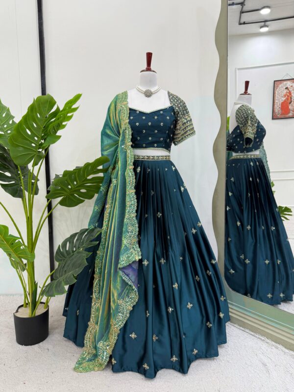 Dark Teal Blue Color Japan Satin Fabric Lehenga