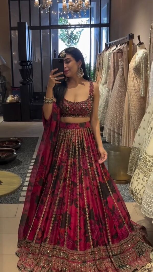 Flower Design Multi Color Tabby Organza Fabric Lehenga