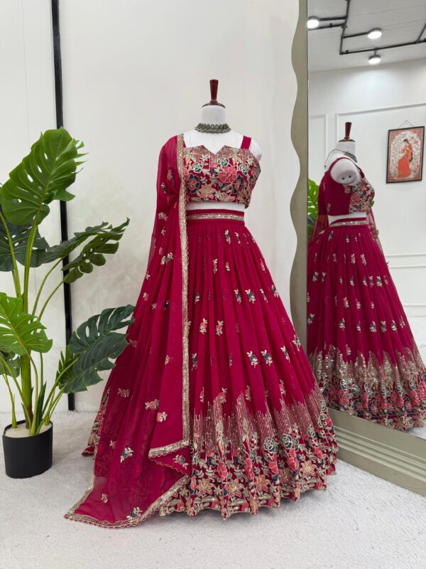 Dark Red Color Faux Georgette Fabric Lehenga