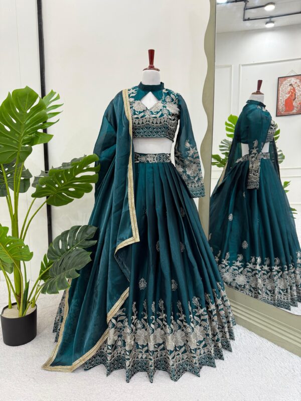 Dark Teal Blue Color Jimmy Choo Fabric Lehenga