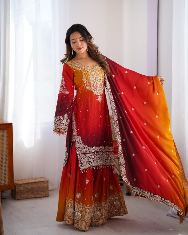 Orange Color Chinon Silk Fabric Palazzo Set