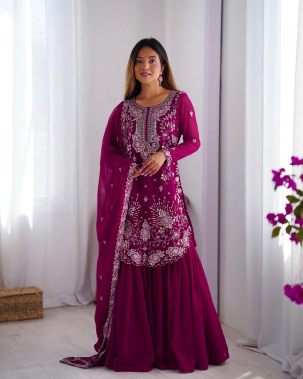 Dark Pink Color Faux Georgette Fabric Sharara Set