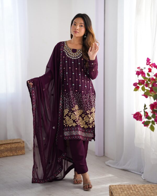 Wine Color Faux Georgette Fabric Suit