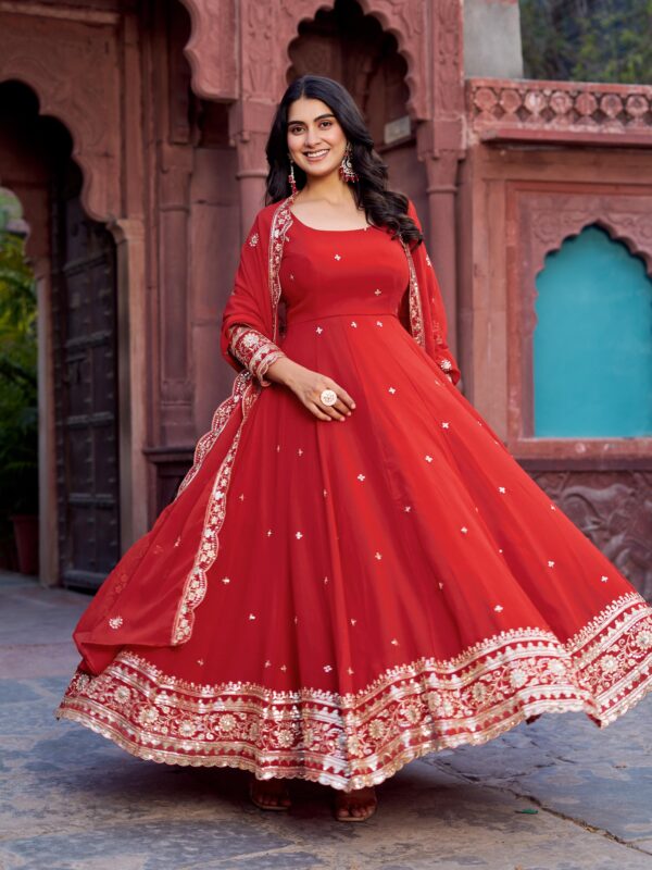 Red Color Faux Georgette Fabric Gown