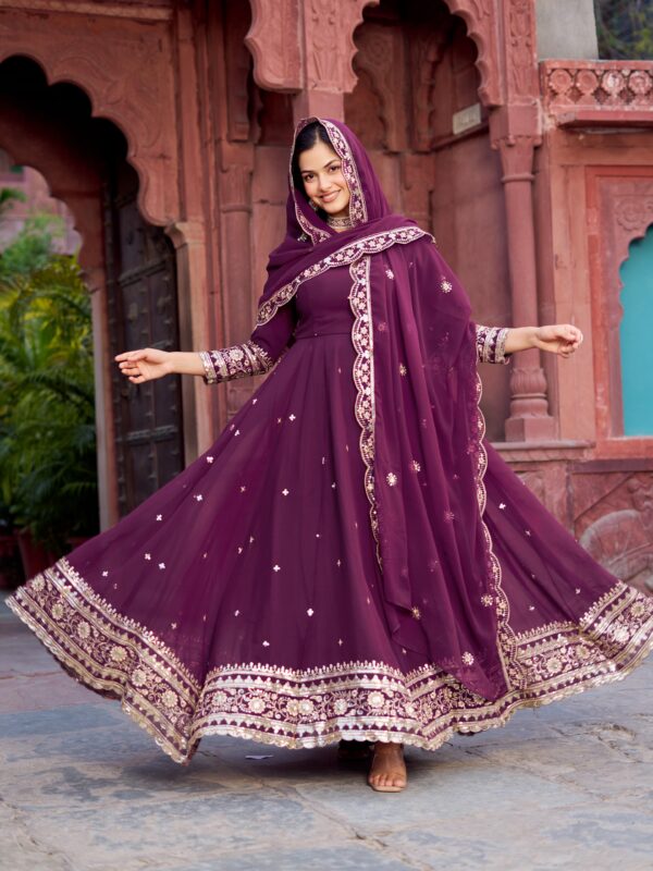 Wine Color Faux Georgette Fabric Gown