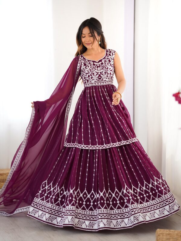 Dark Purple Color Faux Georgette Fabric Top Lehenga Set