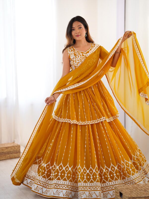 Yellow Color Faux Georgette Fabric Top Lehenga Set