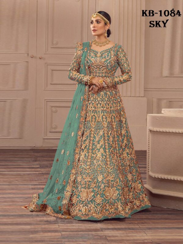 Sky Color Heavy Butterfly Net Beautiful Embroidery Work Bridal Suit