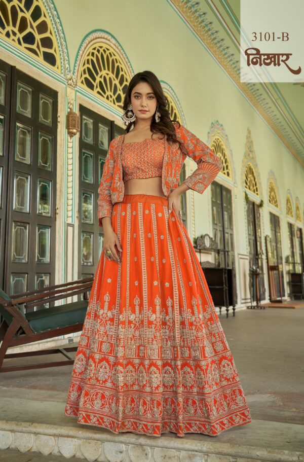 Orange Color Chinon Fabric Embroidery Work Indo Western Style Koti Lehenga