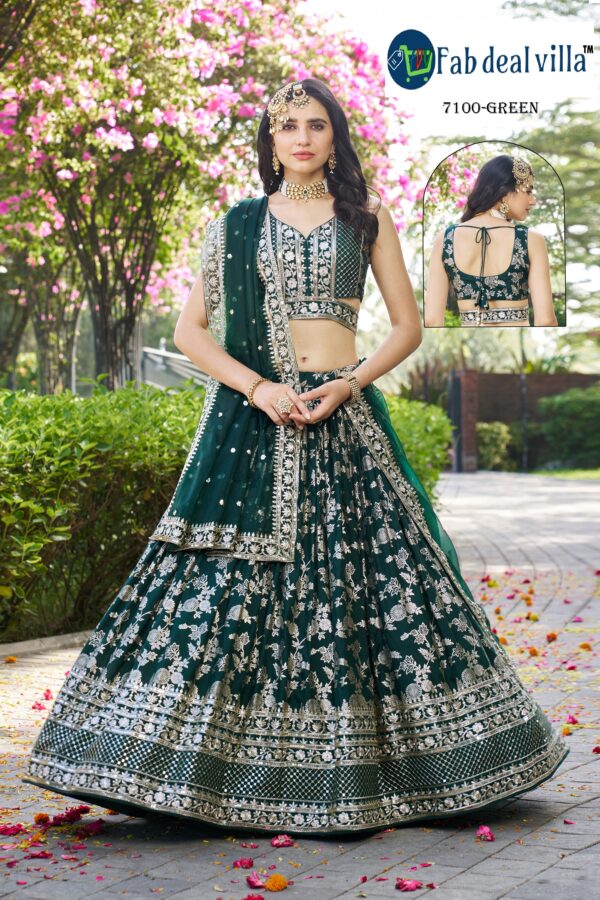 Green Color Dola Silk Jacquard Fabric Sequence And Jari Embroidery Work Lehenga