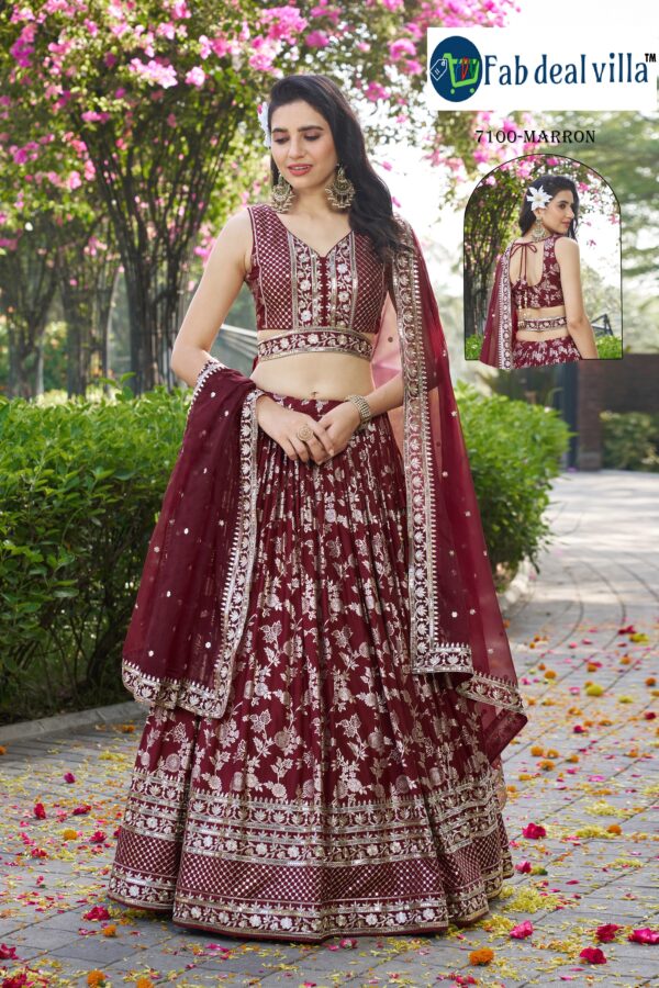 Maroon Color Dola Silk Jacquard Fabric Sequence And Jari Embroidery Work Lehenga