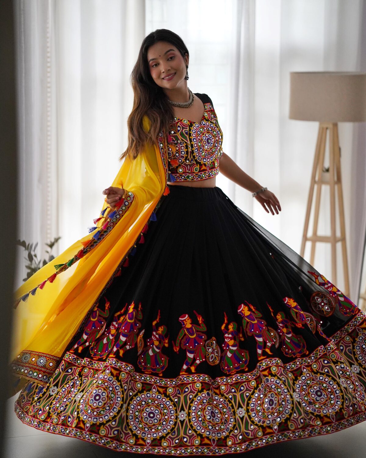 Navratri Special Black Color Faux Georgette Fabric Chain Stitch With Mirror Work Lehenga